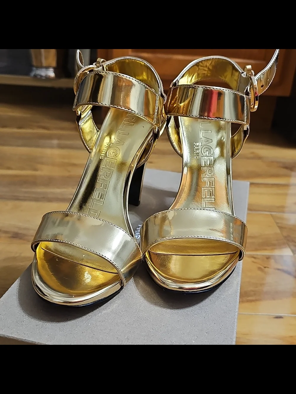 Karl Lagerfeld Metallic Gold Open-Toe Block Heel Sandals